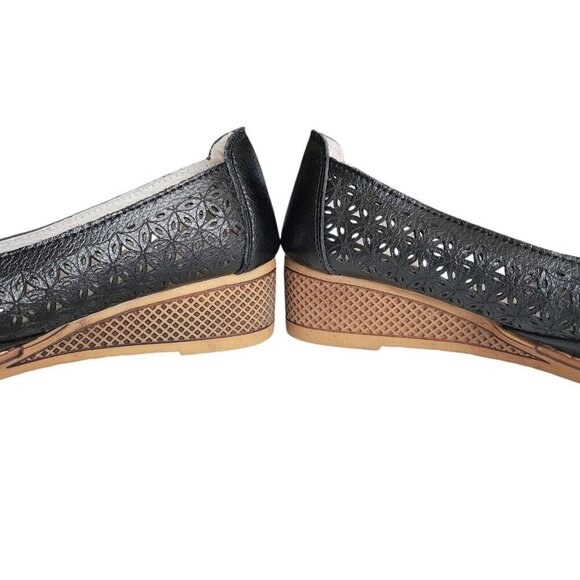 Cherrytime Black Leather Wedge Heels Women 8.5 Cottagecore Academia - Picture 4 of 16